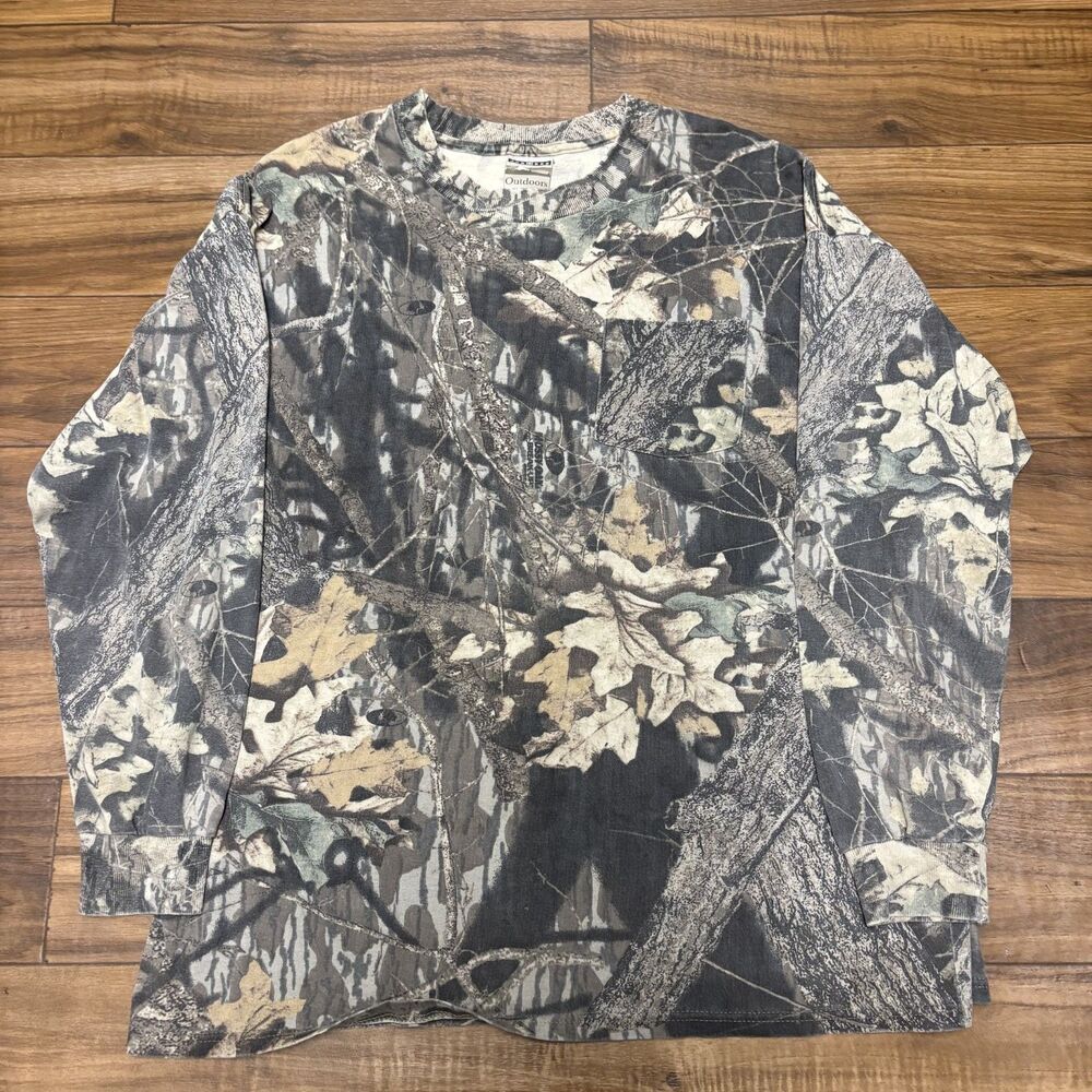 Y2K Jerzees Long Sleeve Mens XL Camo Mossy Oak Outdoor Pocket Tee Vintage